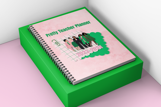 Pretty Teacher Planner featuring a pink cover with original cover art depicting five black female teachers. The planner showcases a stylish design, with each teacher portrayed confidently and professionally. 